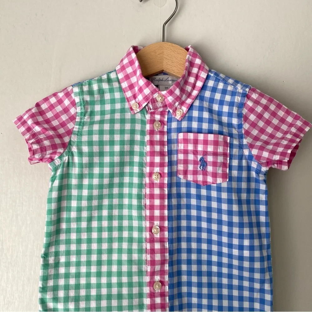 Ralph Lauren Gingham Cotton Poplin Shortall Romper 9M
